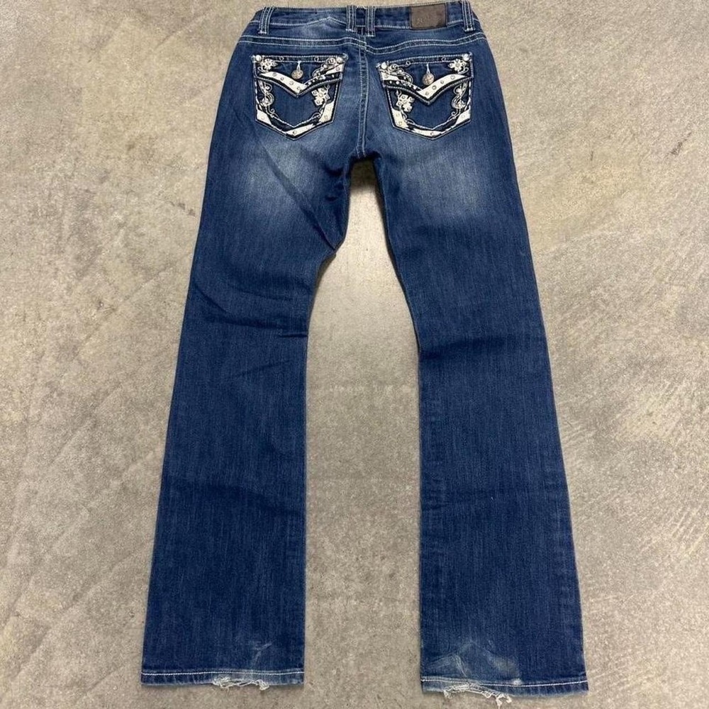 Woman's Boot Cut Jeans Embroidered Love Nation Flap Pocket Grunge Gothic 6